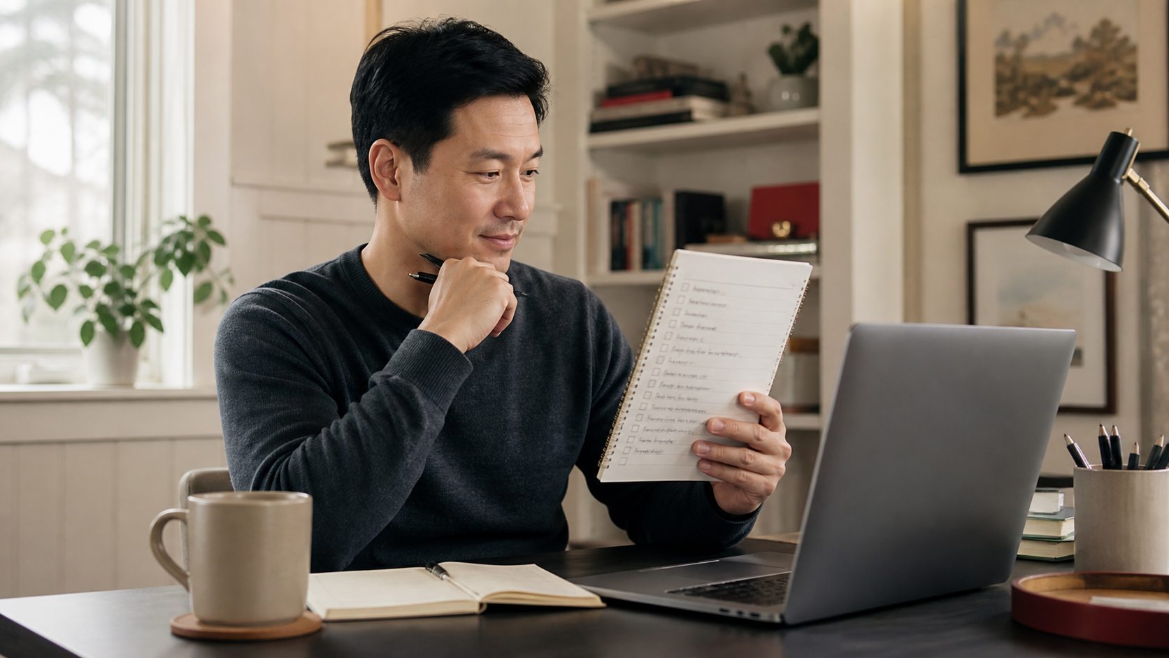 A beginner learning a practical AI workflow at a home-office desk: How beginners can use AI safely with files, email and private information.