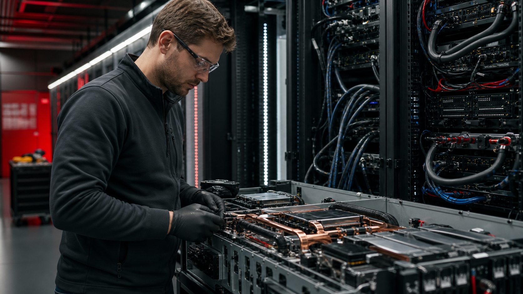A technician inspecting AI compute and cooling infrastructure
