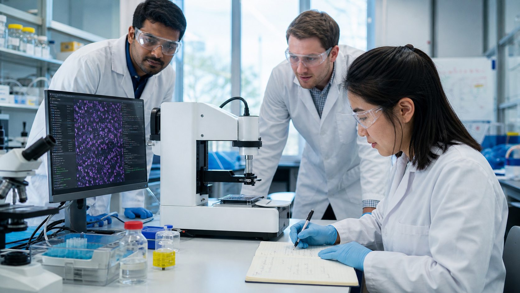 Researchers validating an AI-assisted laboratory experiment