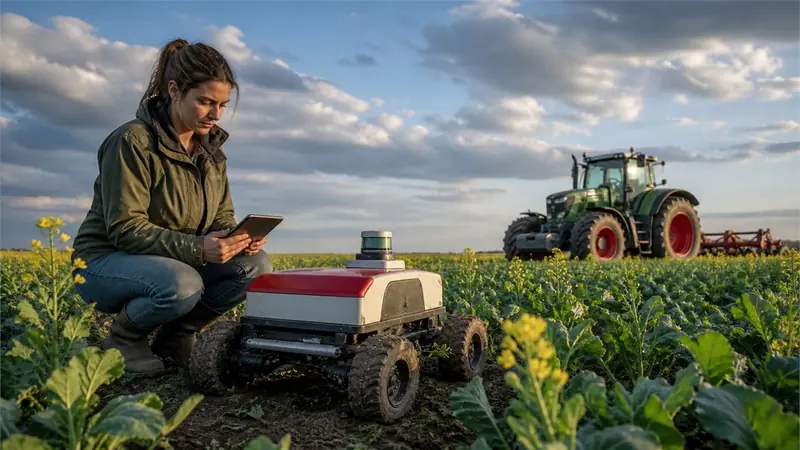 Lively golden-hour documentary photograph on a Canadian prairie farm, agronomist using a tablet beside a colourful crop-scouting robot and real tractor, big dramatic sky, no logos or interface text