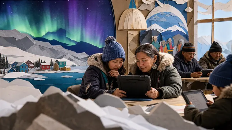 Cinematic winter documentary photograph in a remote northern Canadian community centre, local residents testing an offline AI service on rugged devices, aurora colours outside, warm human interior, no text