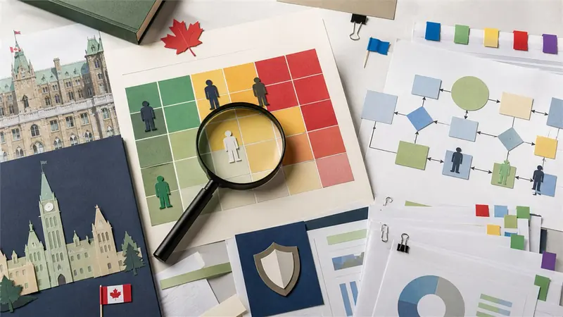 Top-down editorial still-life photograph of an auditor's desk with risk matrix cards, magnifying glass, flowchart pages and coloured evidence tabs, Canadian public-sector mood, crisp daylight, no readable text