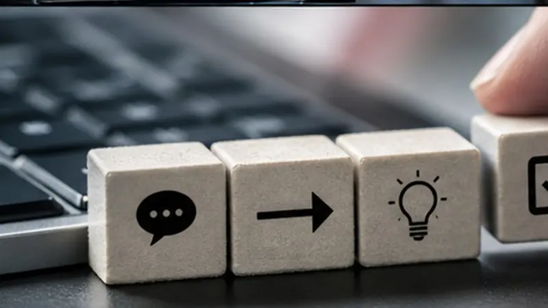 Illustration of wooden blocks with a speech bubble, arrow and light bulb beside a keyboard.
