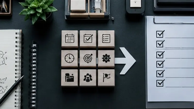 Illustration of task icons arranged beside a checklist on a desk.