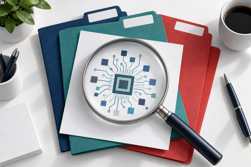 AI-generated editorial illustration of evidence folders, a magnifying glass and a processor diagram on a procurement desk.