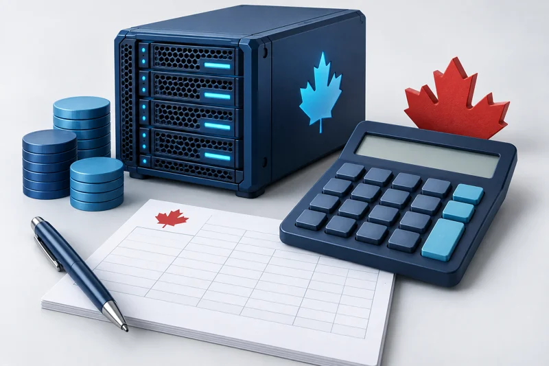AI-generated editorial illustration of server equipment, a calculator and a cost worksheet with a maple leaf motif.