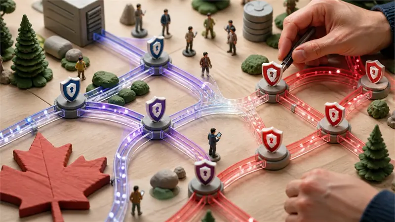 Stylish overhead macro photograph of translucent data-flow channels carrying coloured light between privacy checkpoints, maple wood desk and analyst hands, sophisticated editorial realism, no readable labels