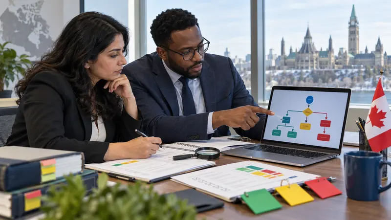 Two public-sector reviewers examine an automated-decision flowchart and evidence checklist in an Ottawa meeting room.