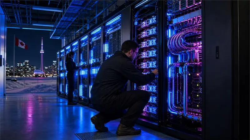 Cinematic night photograph inside a Canadian high-performance computing centre, vivid blue and magenta server light, technicians inspecting liquid-cooled accelerator racks, recognizable but subtle northern setting, no logos