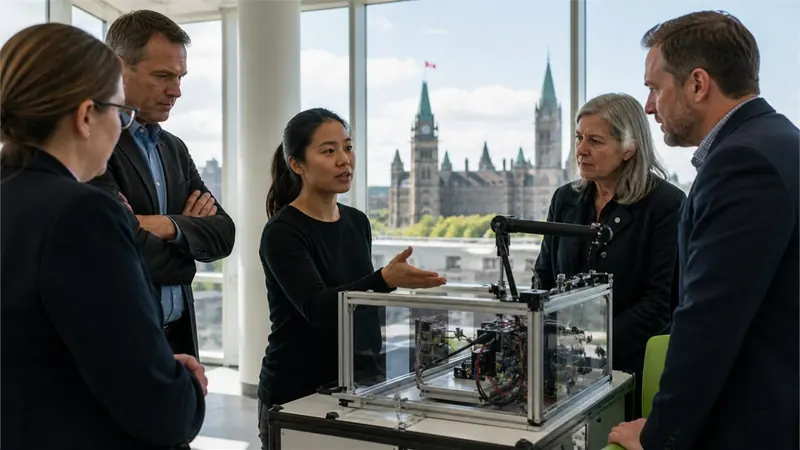 Dynamic editorial photograph of a Canadian startup founder presenting a working AI prototype to public-sector buyers around a modular test bench, bright daylight and strong colour contrast, no text or corporate logos