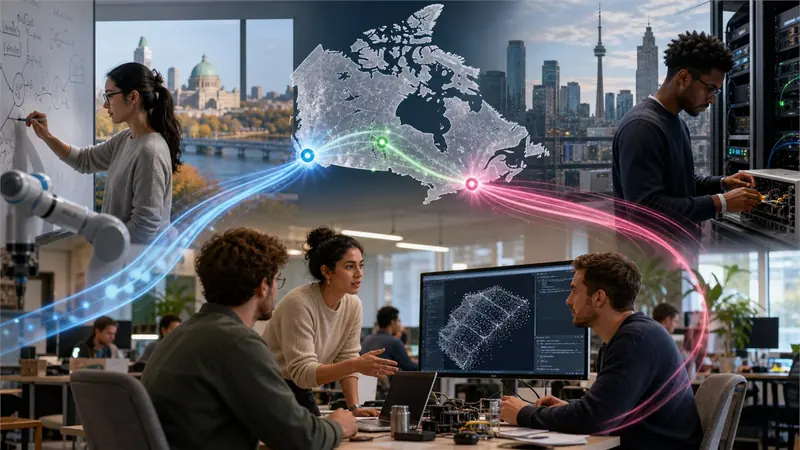 Editorial collage photograph linking Montreal, Toronto and Edmonton AI labs with vivid transit-map threads, researchers moving from whiteboards to startup workspaces, playful but sophisticated, no readable labels
