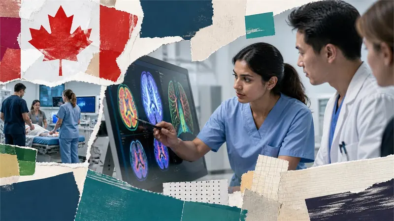 High-energy clinical documentary photograph in a Canadian hospital simulation lab, clinicians testing an AI diagnostic display with colourful medical imaging, human-centred and realistic, no logos or readable patient data