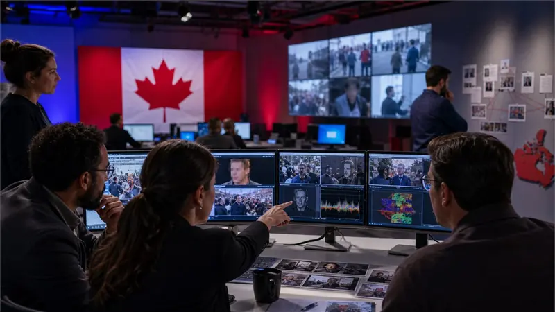 Fast-paced newsroom photograph during a Canadian election verification drill, analysts comparing a suspicious video across monitors and camera originals, vivid red and blue lighting, no real politicians, no readable text