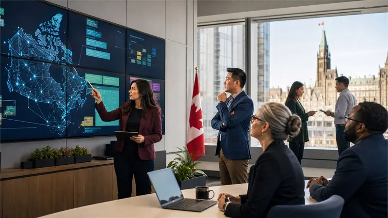 Editorial photojournalism in a bright Ottawa public-service operations room, civil servants reviewing an AI service map on large screens, neutral architecture with vivid natural colours, candid and human, no logos or readable text