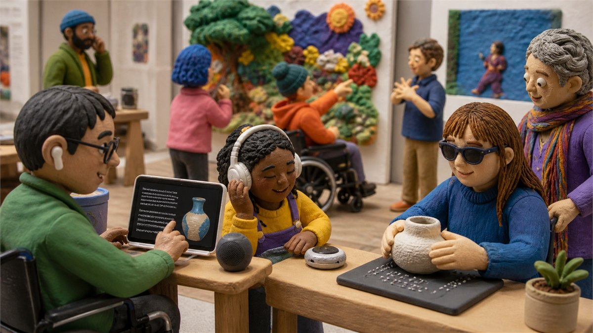 Vibrant human-centred documentary photograph of people with varied disabilities choosing among caption, audio and tactile AI tools at a community arts event, joyful and non-tokenizing, no text