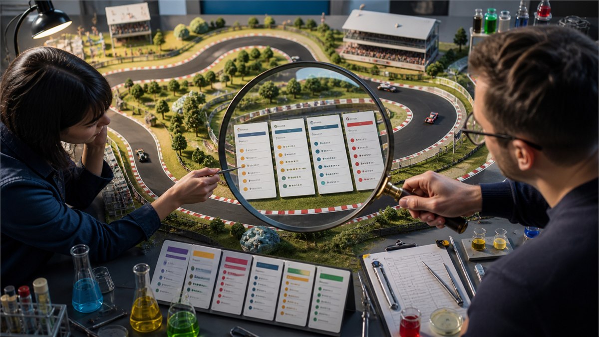 Playful editorial photograph of a model racetrack where benchmark scorecards are examined under a magnifying lens, colourful lab props, sophisticated visual metaphor, no numbers or readable text