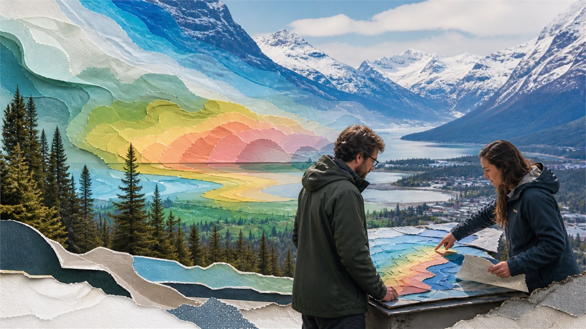 Dramatic Canadian landscape photograph overlaid with colourful but transparent climate probability layers, scientist and community planner comparing futures, no false precision or text