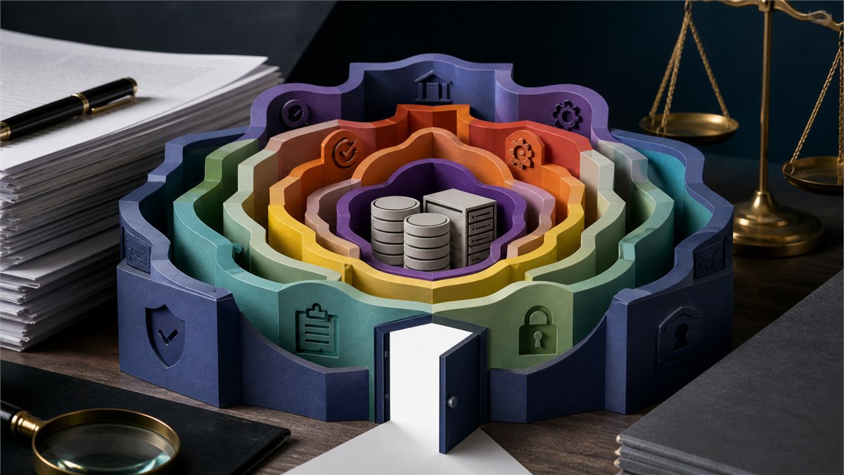 Dramatic editorial still-life of an AI service contract as ten colourful interlocking protective layers around data and a clear exit door, premium legal desk photography, no readable text