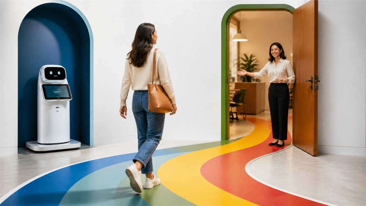Expressive editorial photograph of a customer moving through a colourful support path with a clearly visible human help door beside an AI kiosk, empathetic and energetic, no text