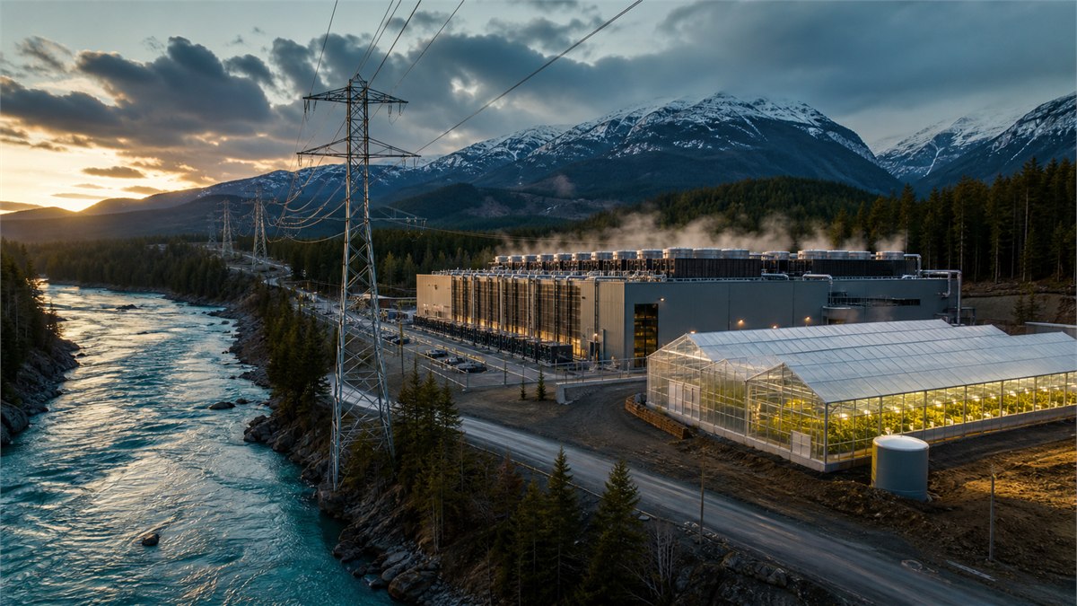 Dramatic aerial documentary photograph of a Canadian data centre beside hydro transmission lines and a cold blue river, visible heat-recovery greenhouse, saturated natural colours, realistic scale, no logos