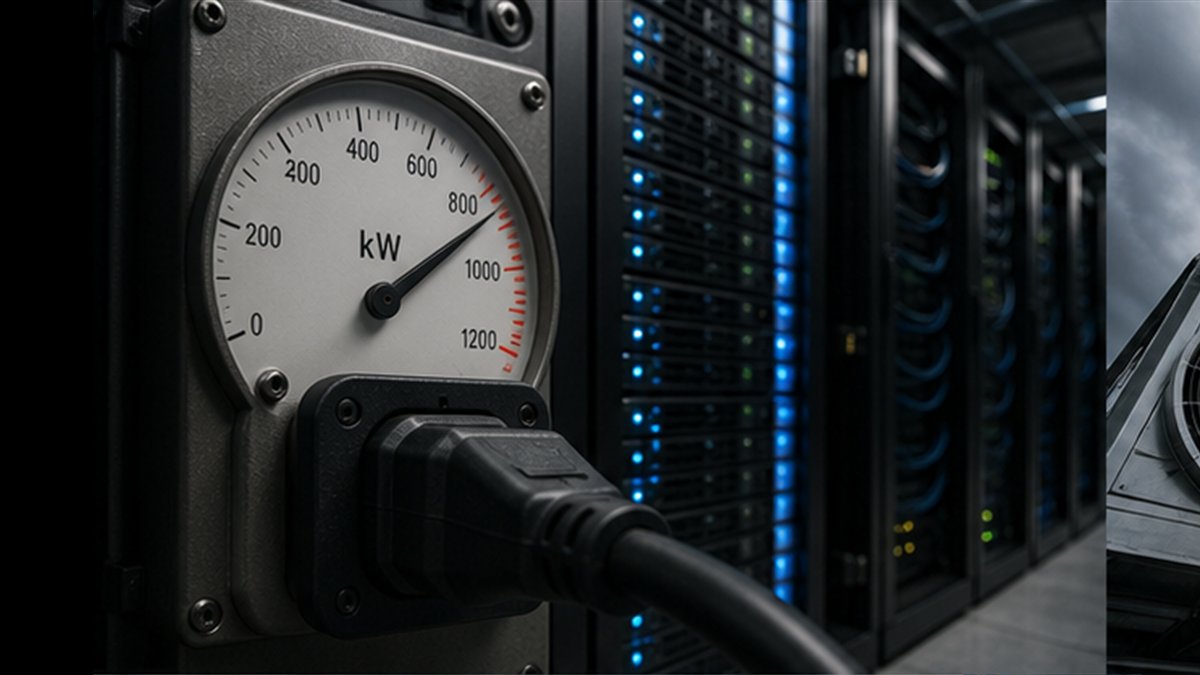 Editorial photograph illustrating: AI data centres are turning electricity into a board-level constraint.