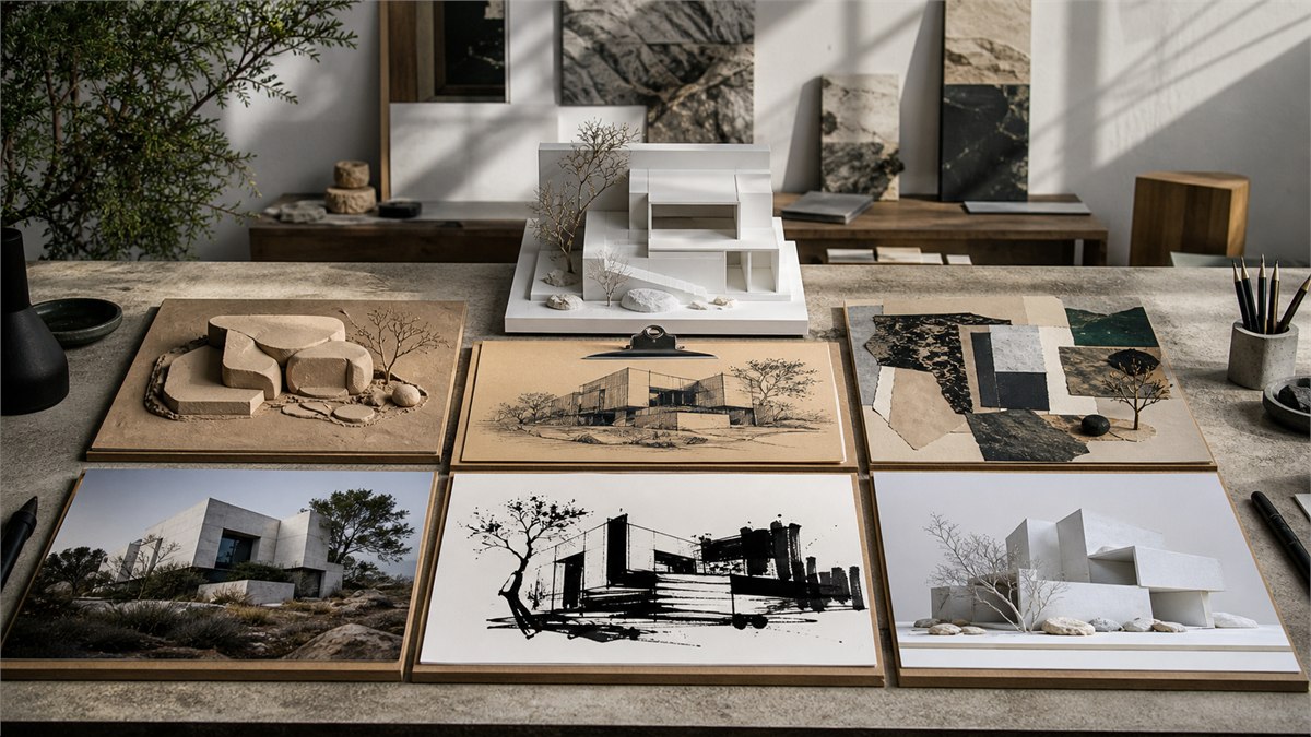 Explosive editorial photograph of a design studio table with five radically different art directions - clay, collage, photo, ink and 3D - orbiting one clear brief, vivid and sophisticated, no text