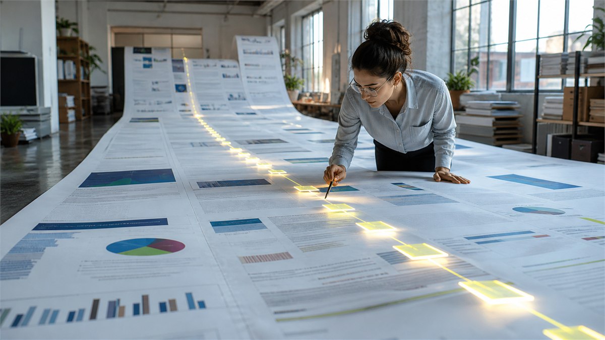 Cinematic editorial photograph of a giant colourful report unfolded into a navigable landscape, analyst following illuminated page markers through tables and footnotes, no readable text