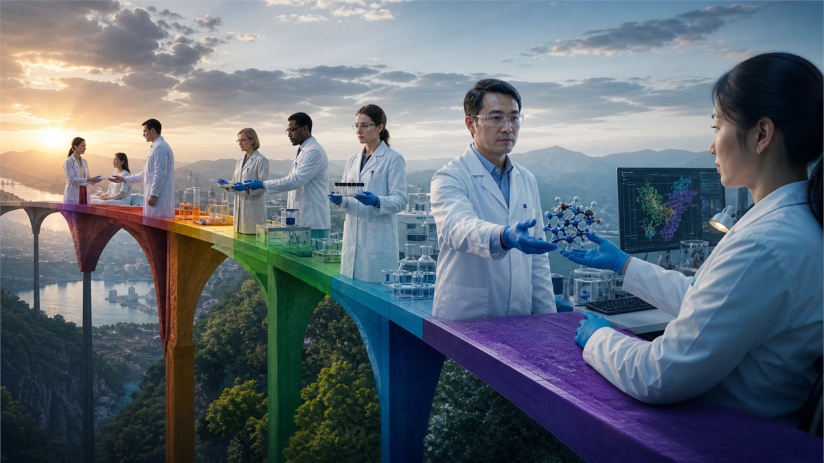 Cinematic editorial photograph of a long colourful evidence bridge from molecular design through wet lab, safety and clinical care, scientists passing one candidate forward, no text