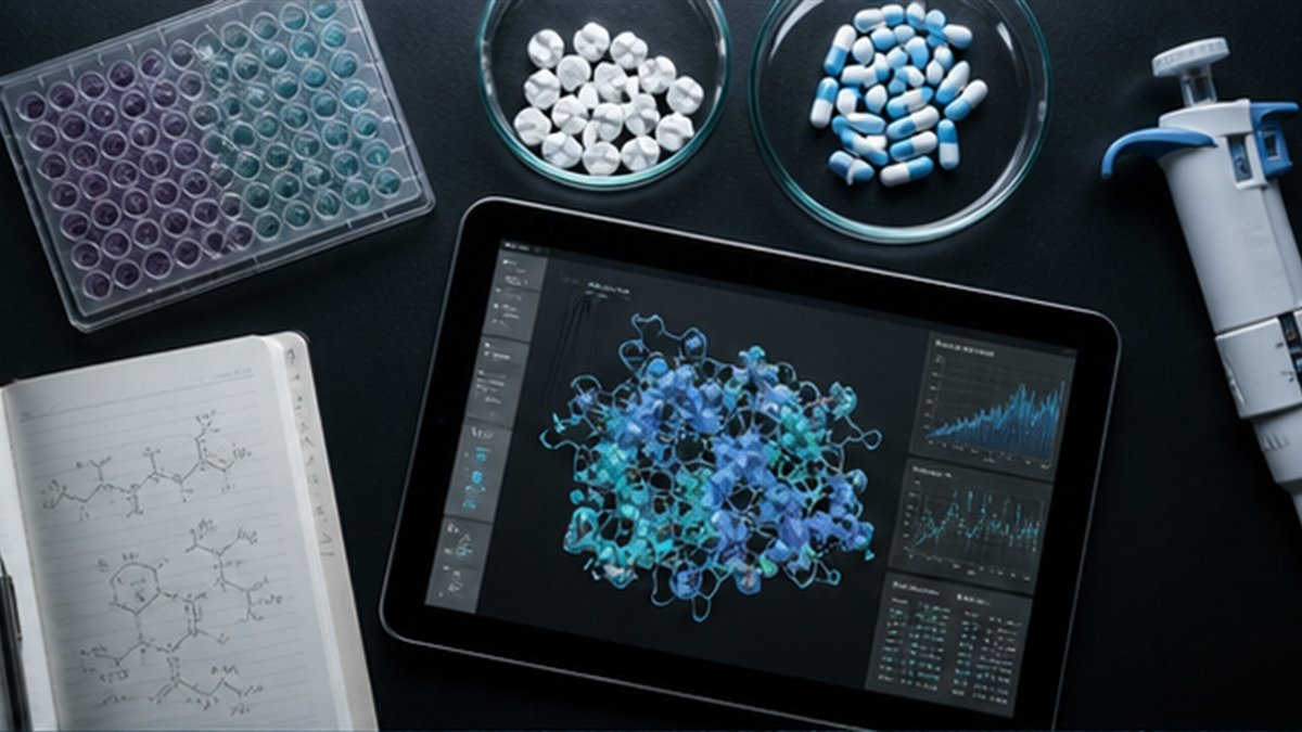 Editorial photograph illustrating: AI drug discovery accelerates the search, not the biology.