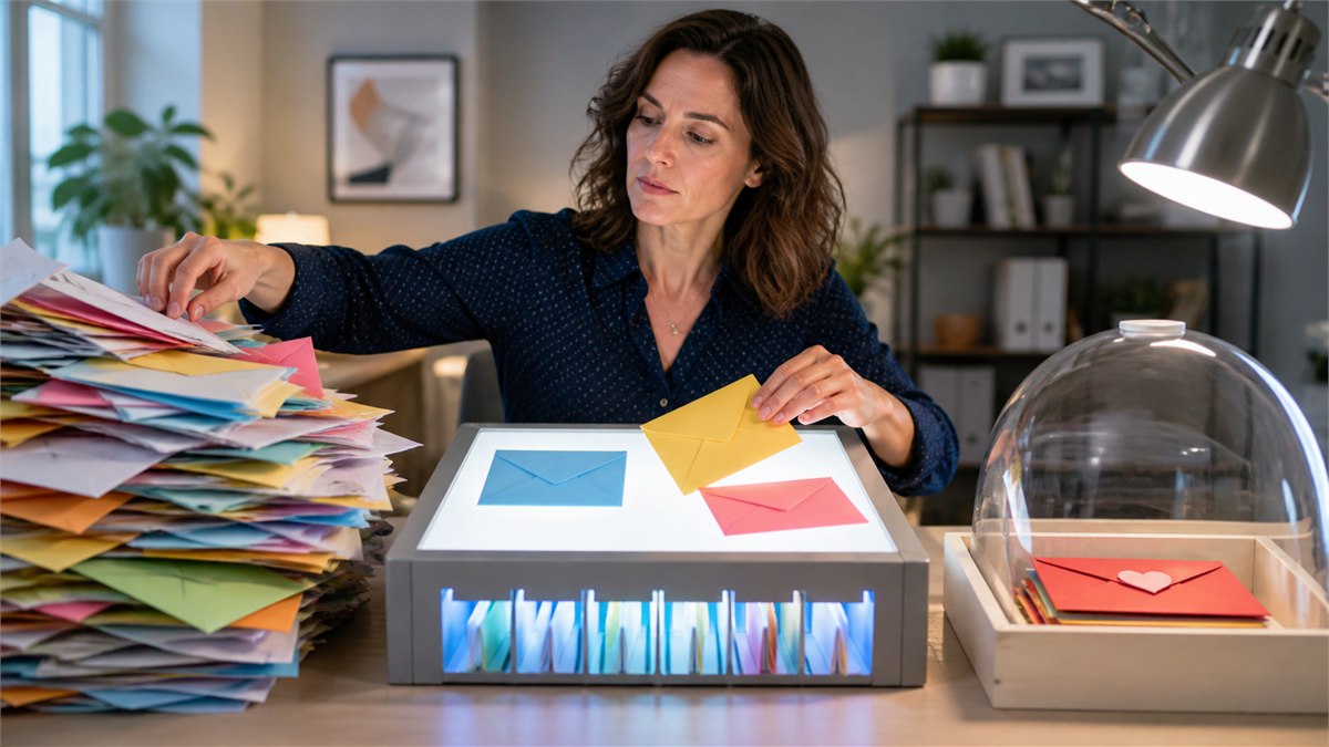 Lively editorial photograph of a person sorting a storm of colourful paper envelopes with an AI light table, important human messages kept in a protected tray, warm office, no text