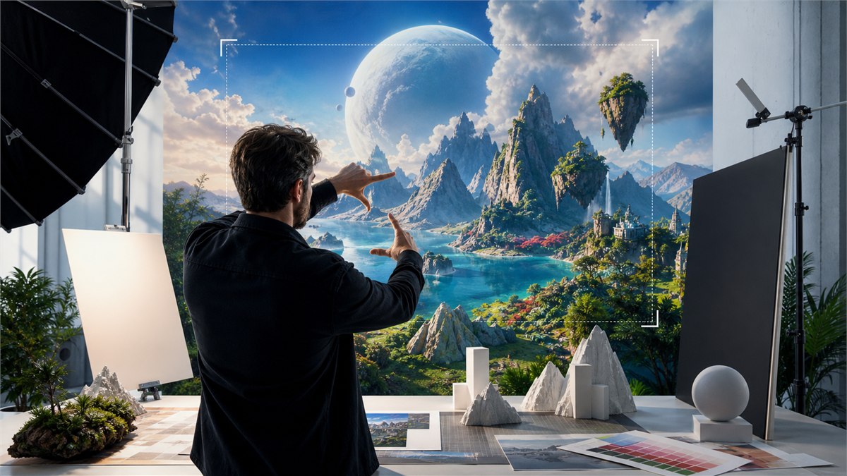 Meta editorial photograph of an art director framing a spectacular colourful AI-generated scene with crop guides, lighting cards and physical composition models, exuberant but tasteful, no text