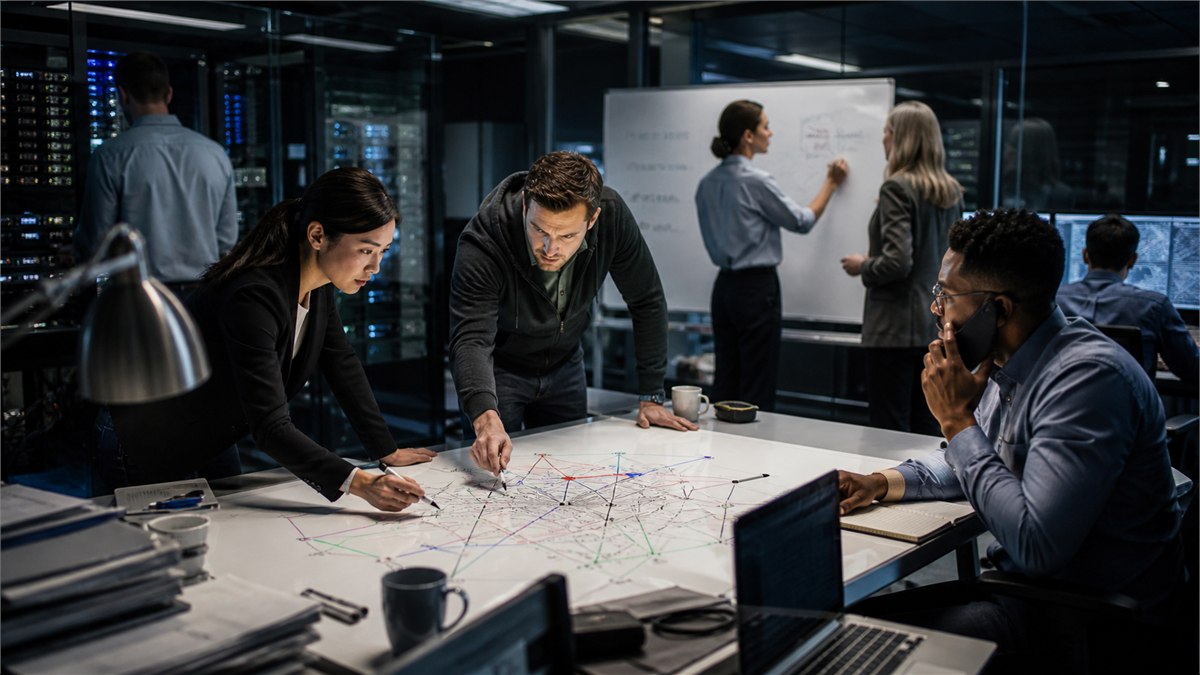 Cinematic crisis-room photograph during an AI incident, multidisciplinary team containing a vivid system map while preserving evidence and opening a support channel, high energy, no text