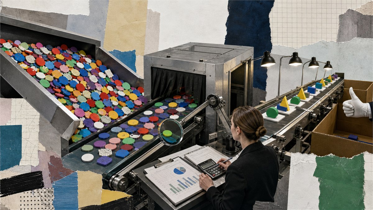 Stylized editorial photograph of an AI production line where colourful tokens enter but only verified useful outcomes exit, accountant measuring every stage, clever visual metaphor, no text
