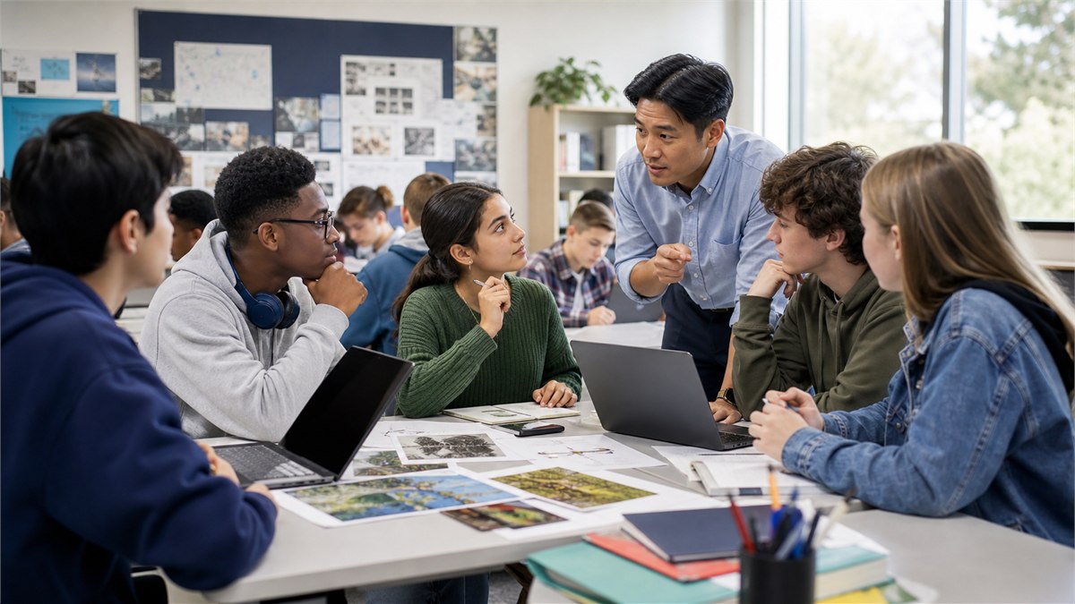Colourful documentary classroom photograph where students compare AI and non-AI methods, inspect sources and debate judgment with a teacher, lively inclusive setting, no readable text