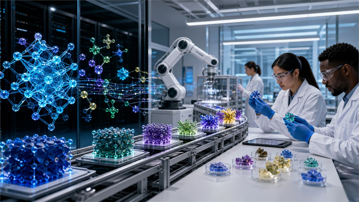 Vivid editorial photograph of a self-driving materials lab where colourful crystal candidates move between AI simulation and robotic synthesis, scientists inspecting real samples, no text