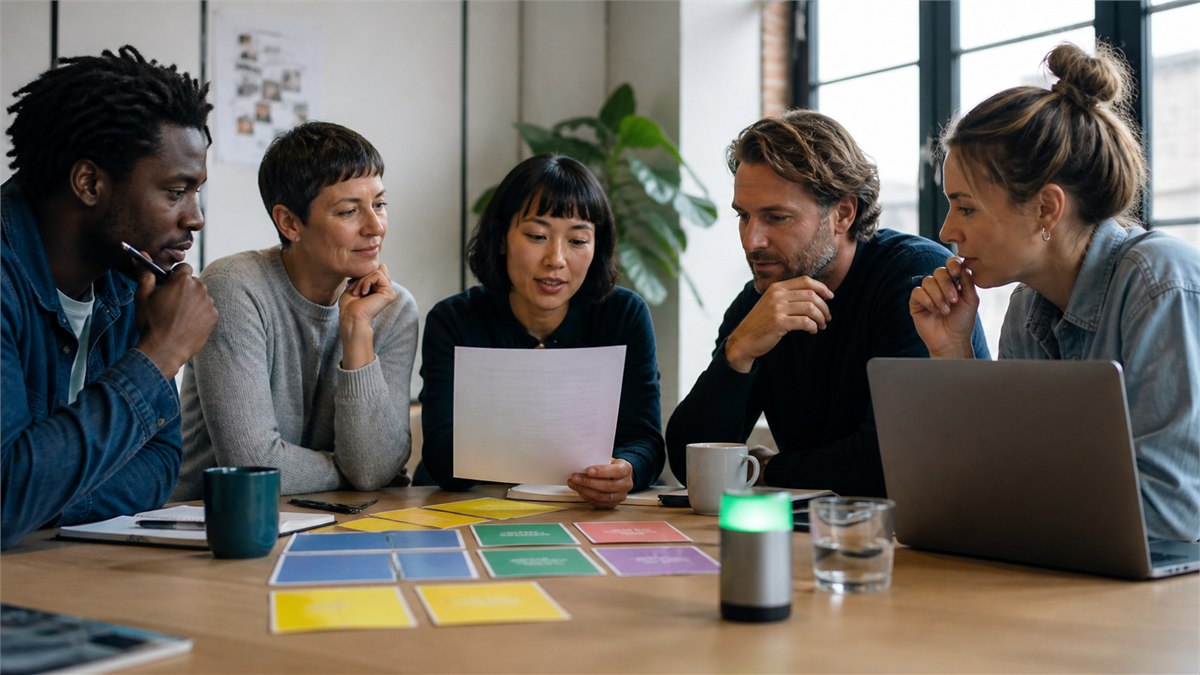 Candid editorial photograph of a creative team meeting with a small consent light and colourful action cards, one participant reviewing the AI summary together, natural expressions, no logos or text