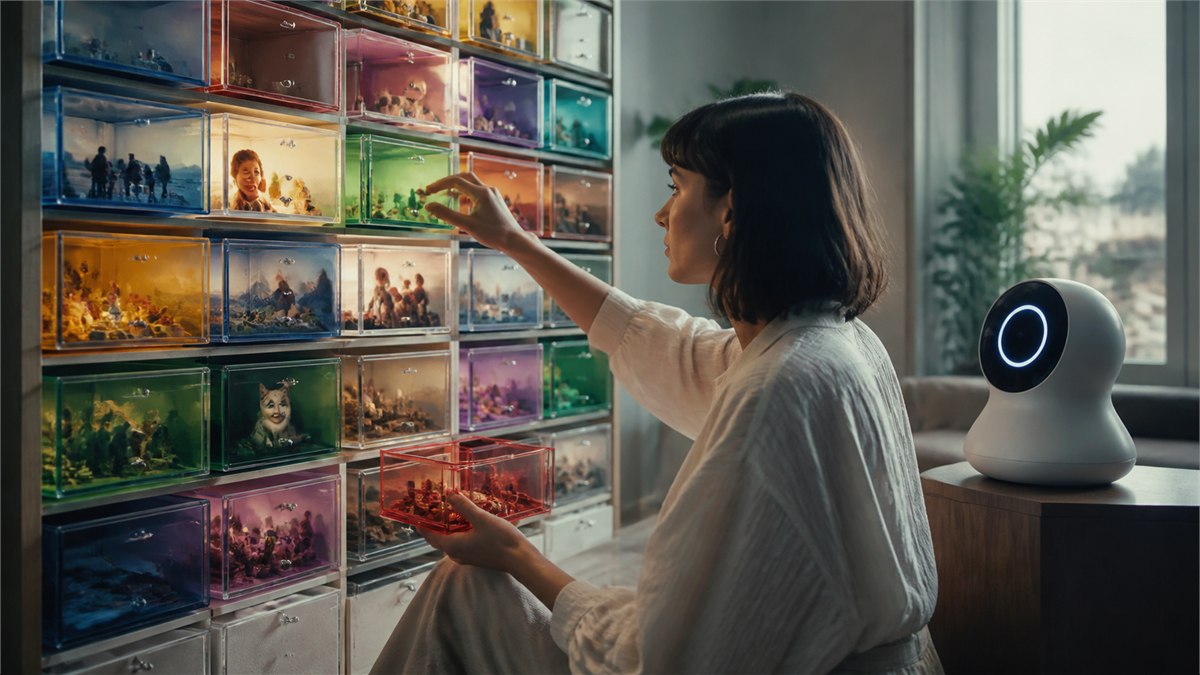 Dreamlike editorial photograph of a colourful cabinet of translucent memory drawers beside a conversational AI device, one human choosing what to keep and erase, warm light, no text