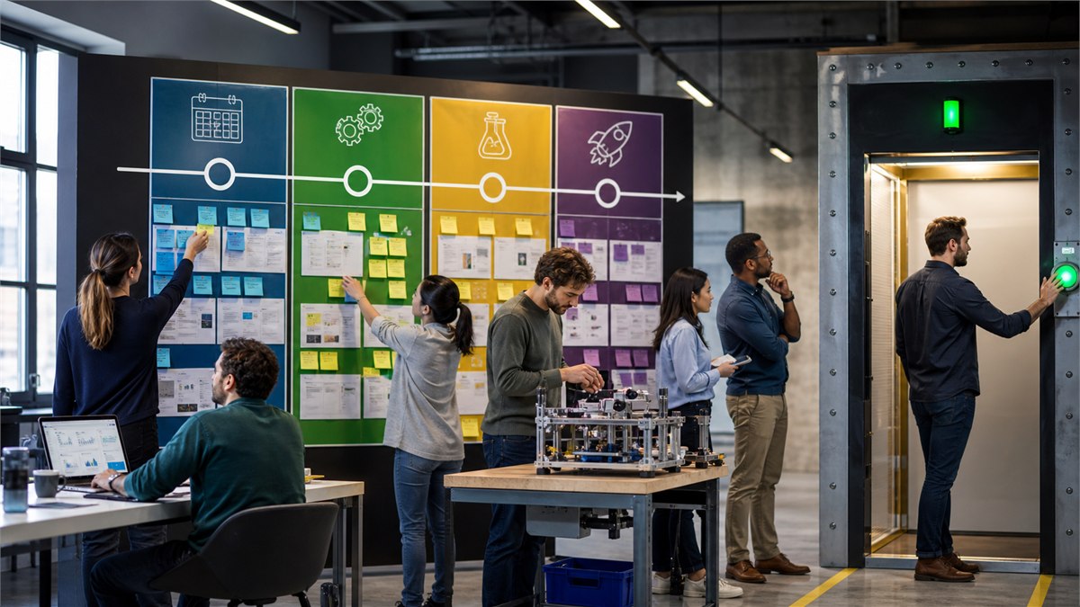 Colourful editorial photograph of a four-week experiment board with real workflow stations, mixed team testing and a clear decision gate at the finish, energetic documentary style, no text
