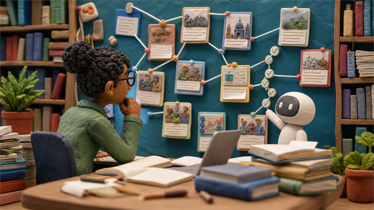 Rich editorial photograph of a researcher at a colourful evidence wall, AI assistant projecting linked source cards and a visible verification trail, tactile notebooks and library light, no readable text