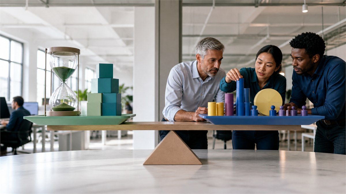 Bold editorial photograph of a business workflow built as a colourful balance scale, time savings on one side and review, errors and customer value on the other, realistic office, no text