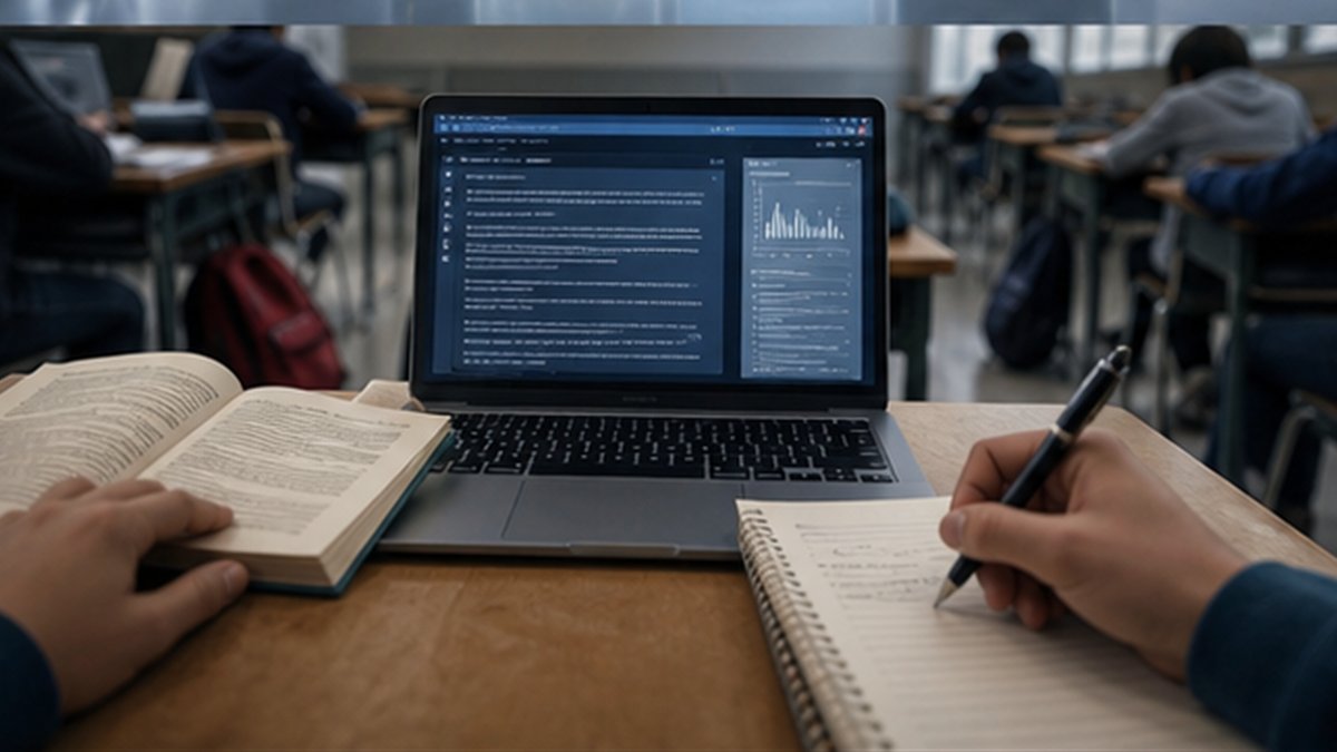 Editorial photograph illustrating: School AI policy should protect learning, not police every sentence.