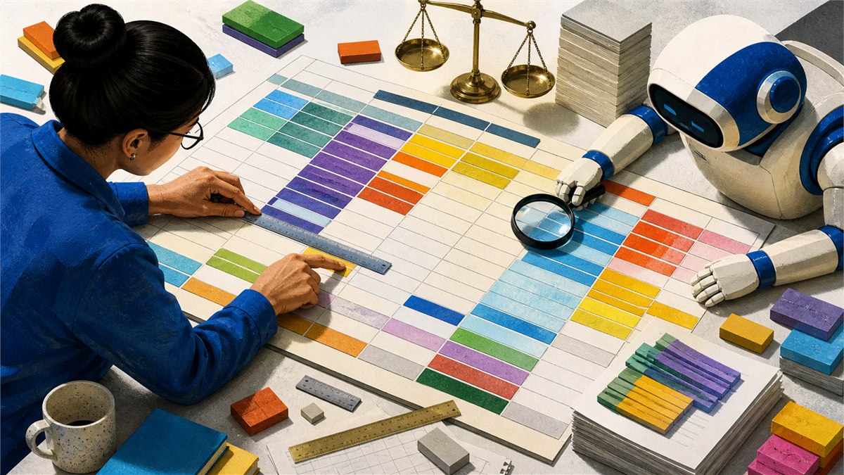 Bold overhead editorial photograph of a colourful physical spreadsheet built from tiles, analyst and AI assistant checking formulas with rulers and balance scales, crisp and playful, no readable text