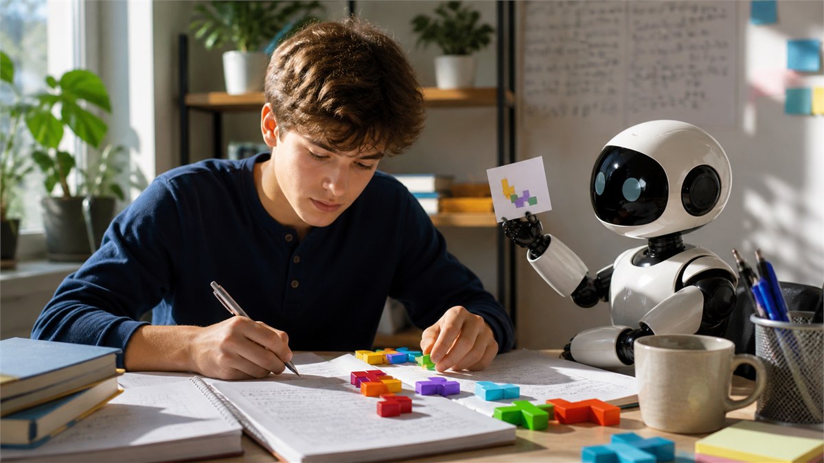 Joyful documentary photograph of a student solving a colourful physical problem while an AI study partner offers one small hint card, sunlight, active thinking and handwritten work, no readable text