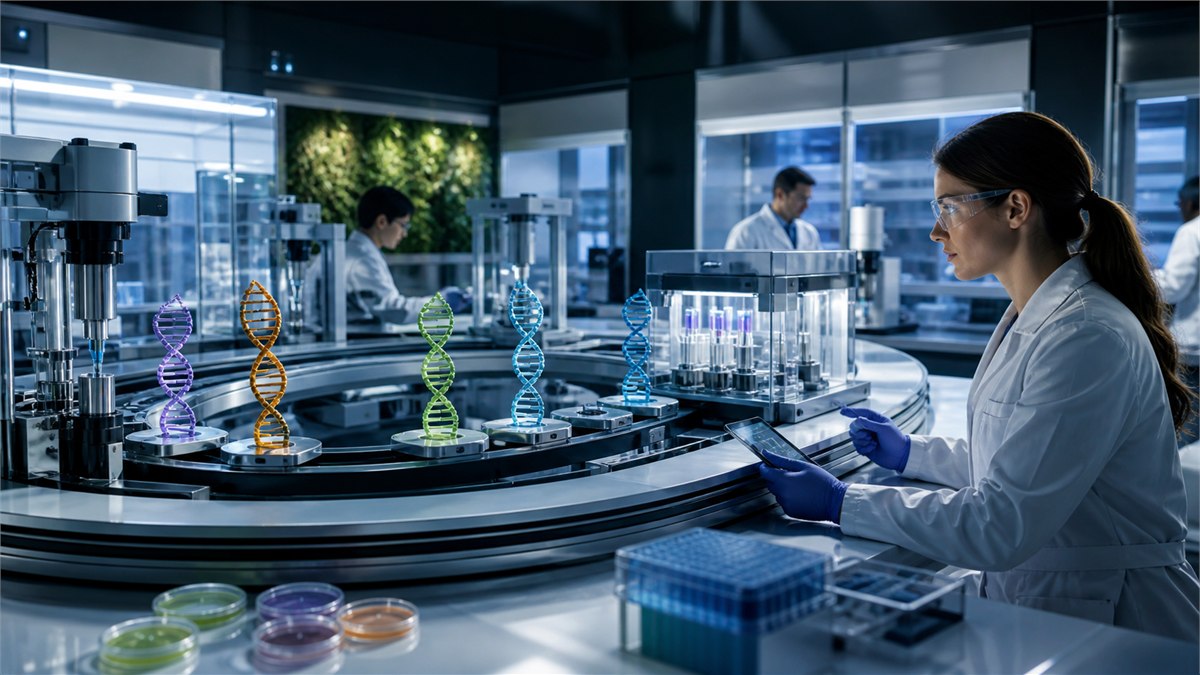 Vivid scientific editorial photograph of a secure synthetic-biology lab cycling colourful DNA designs through build, test and learn stations, human biosafety oversight clearly visible, no text