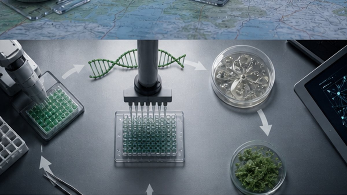 Editorial photograph illustrating: AI for synthetic biology raises capability and safety together.