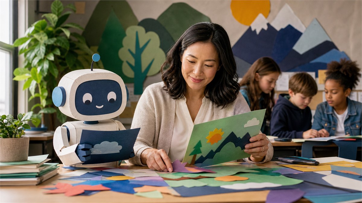 Warm documentary photograph of a Canadian teacher adapting colourful lesson materials with an AI assistant while students collaborate in the background, authentic classroom energy, no readable text