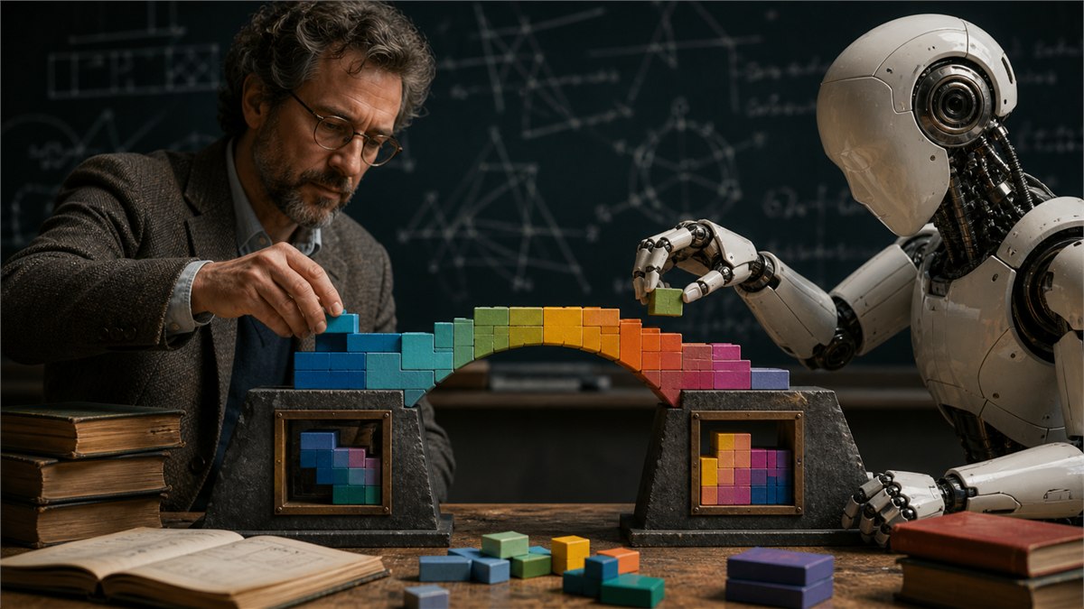 Elegant editorial photograph of a mathematician and AI building a colourful proof bridge where every logical block clicks into a verification frame, blackboard atmosphere, no readable equations