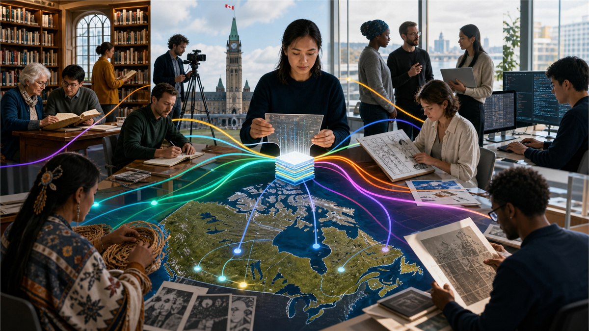 Sophisticated editorial collage of creators, libraries, researchers and AI builders connected by colourful licensing and transparency pathways, balanced Canadian policy mood, no text