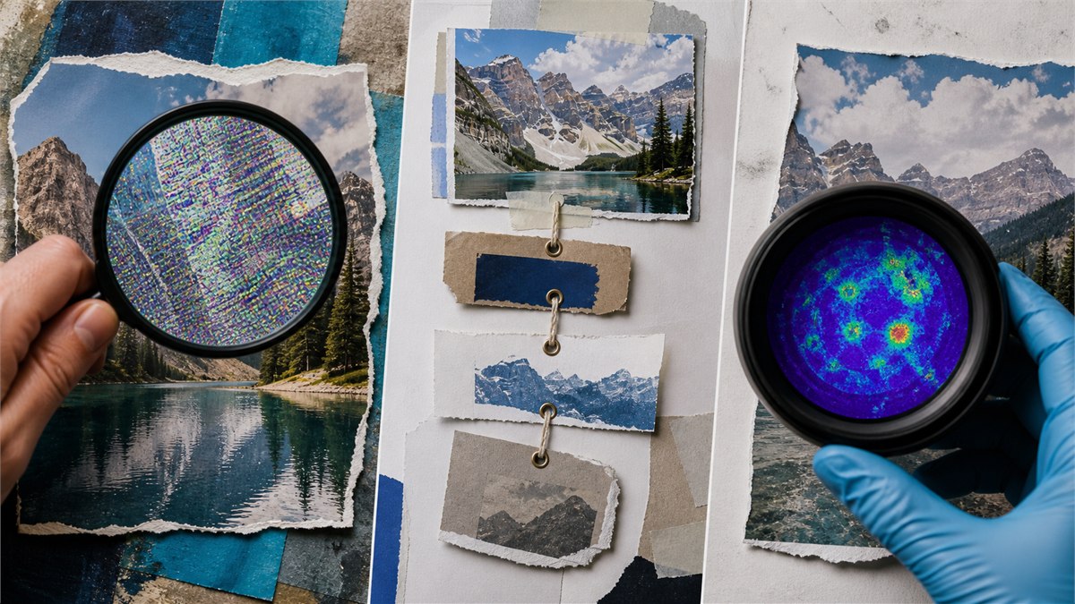 Three-panel editorial photograph showing a colourful hidden watermark, a signed provenance chain and a detector lens examining the same image, clear visual comparison, no text