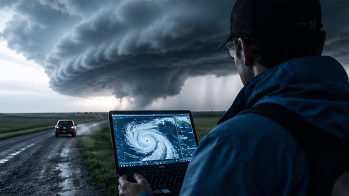 Editorial photograph illustrating: AI weather forecasting is moving from benchmark wins to operational tests.